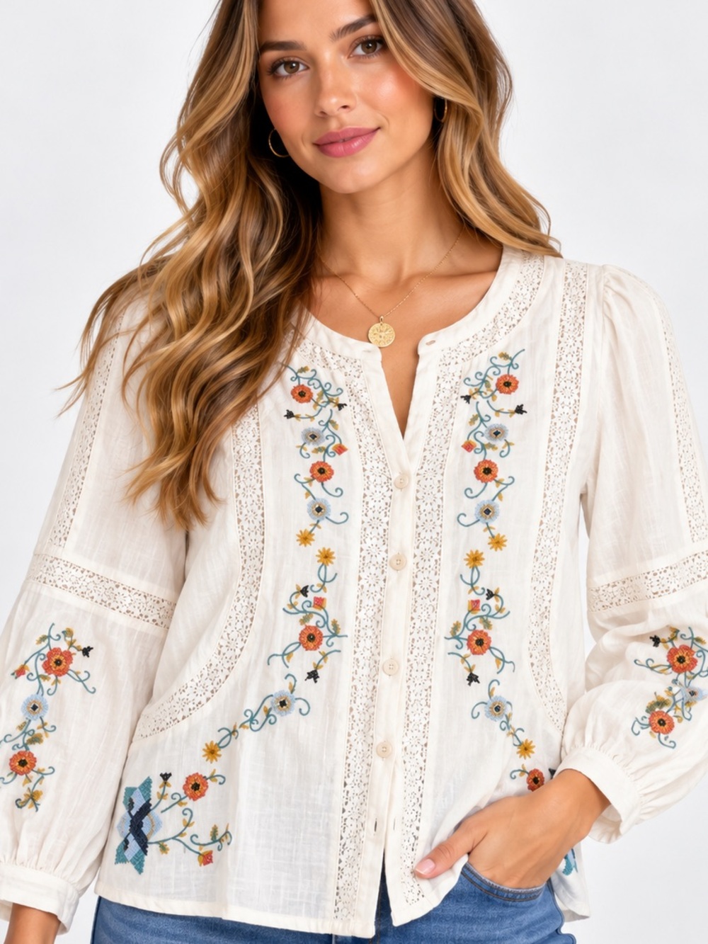 075.New Embroidered Peasant Blouse - Cream cotton